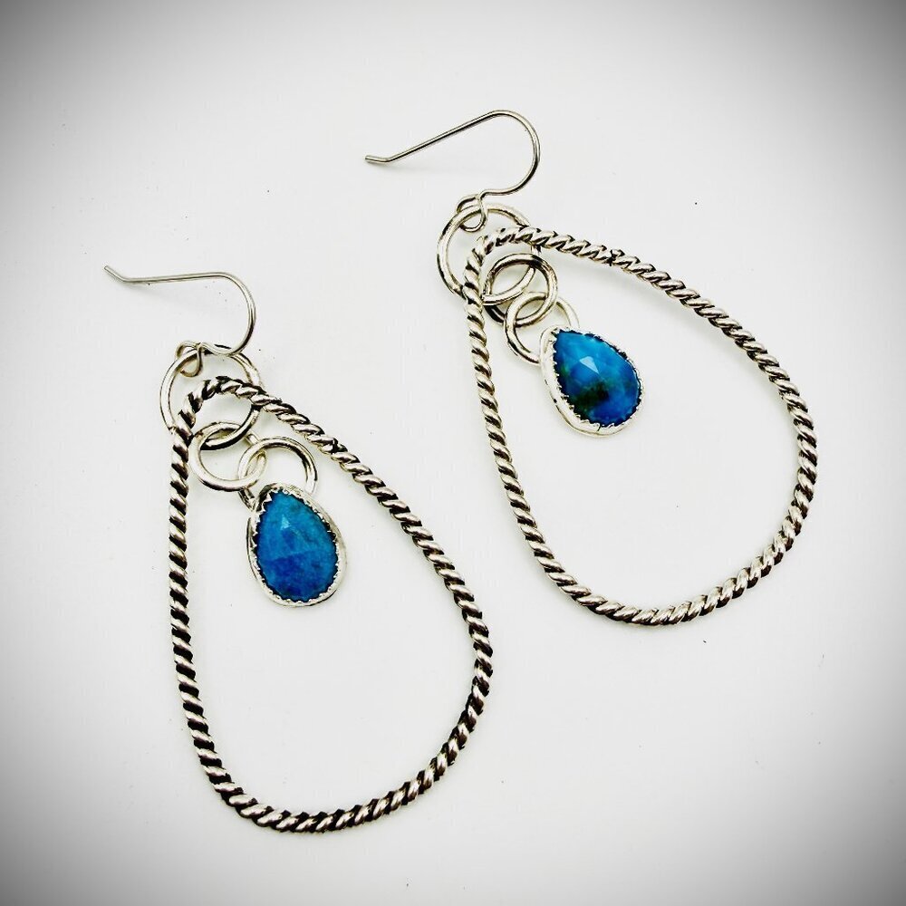 Sterling Silver Faceted Turquoise Teardrop Hoop Dangle Earrings 925